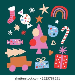 Christmas new year elements flat style illustration. Holiday gifts, christmas tree, star, candy, ornaments, coziness. Abstract geometric seasonal vector.
