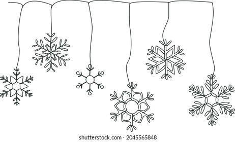 Christmas and New Year elements. A garland of snowflakes. Vector line art illustration.