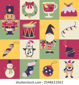 Christmas New Year elements geometric background with nutcracker, snowman, pudding, deer, penguin, decor.