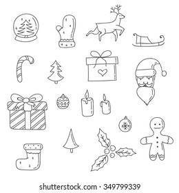 Christmas and new year elements, hand drawn line icon set
