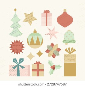 Christmas and New Year elements hand-cut from of colorful aged parchment paper isolated set. Gift box, mistletoe decoration, bauble ball, Xmas fir tree, star scrapbooking ornaments vector illustration