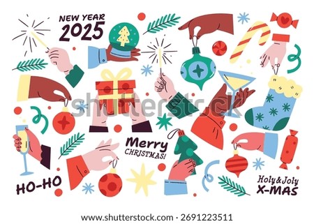 Christmas, New Year elements with hands holding ornaments and sparkling lights, sharing gifts, toasting with drinks collection for greeting cards design vector illustration. Holiday events celebration
