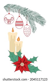 Christmas and New Year elements for the holiday card. Branch with Christmas tree decorations, candles and poinsettia. Simple flat style, vector illustration.