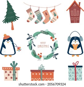 Christmas and New Year elements. Illustration of Christmas tree, socks, wreath, penguin, house, gifts. Vector illustration for icon, logo, print, icon, card, emblem, invitation