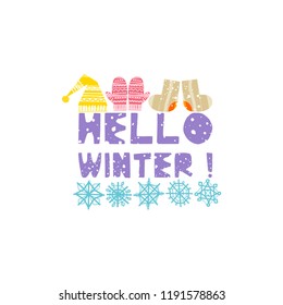 Christmas and New Year elements with lettering. Xmas greeting card concept. Winter holiday objects. Vector flat design with texture