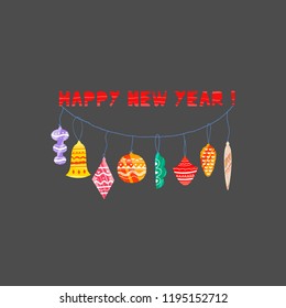 Christmas and New Year elements with lettering. Xmas greeting card concept. Winter holiday objects. Vector flat design with texture