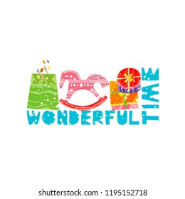 Christmas and New Year elements with lettering. Xmas greeting card concept. Winter holiday objects. Vector flat design with texture