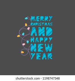 Christmas and New Year elements with lettering. Xmas greeting card concept. Winter holiday objects. Vector flat design with texture
