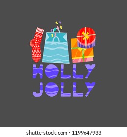 Christmas and New Year elements with lettering. Xmas greeting card concept. Winter holiday objects. Vector flat design with texture