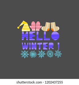 Christmas and New Year elements with lettering. Xmas greeting card concept. Winter holiday objects. Vector flat design with texture