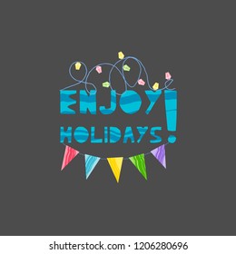 Christmas and New Year elements with lettering. Xmas greeting card concept. Winter holiday objects. Vector flat design with texture