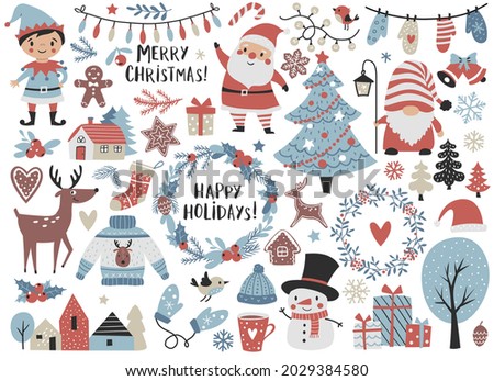 Christmas and New Year elements with Santa, elf, snowman, Christmas tree, wreaths, and others. Perfect for scrapbooking, greeting card, party invitation, poster, tag, sticker kit. Hand drawn style.