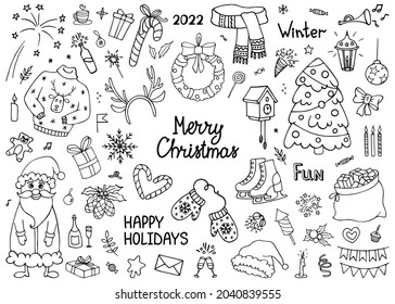 Christmas and New Year elements with Santa,snowman, Christmas tree, wreaths, fireworks and others. Vector, outline hand drawn doodle style. 