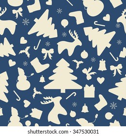 Christmas and new year elements seamless pattern. Beige on blue background.
