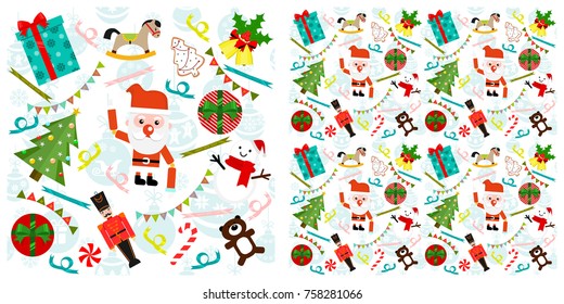 Christmas or new year elements seamless pattern. Single pattern is shown in the left. The example of assembly seamless is shown in the right.