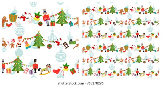 Christmas or new year elements seamless pattern. Single pattern is shown in the left. The example of assembly seamless is shown in the right.