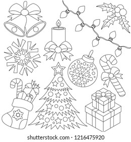 Christmas New Year elements set, collection of coloring book template, the group of outline digital elements vector illustration, kid educational game page.