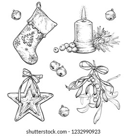 Christmas, New Year elements set 1. Hand drawn illustration isolated on white background. Stocking, candle, Christmas star, mistletoe branch