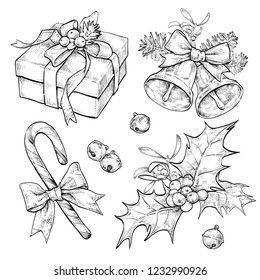 Christmas, New Year elements set 1. Hand drawn illustration isolated on white background. Gift box, bells, candy cane, mistletoe branch, 