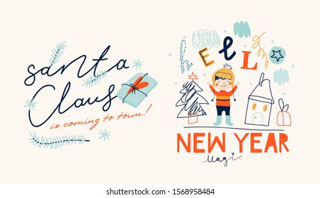 Christmas and New Year elements set. Fashionable template for design. Trendy style. Vector illustrations.