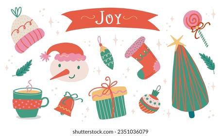Christmas and New Year elements set. Joy label lettering. Hand drawn vector isolated cute stickers. Snowman, Christmas tree, stocking, lollipop, mug, tree toys. Good for cards, prints, posters