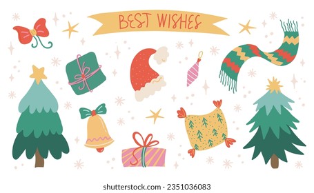 Christmas and New Year elements set. Best wishes label lettering. Hand drawn vector isolated cute stickers. Santas hat, Christmas tree, scarf, pillow, lollipop, bell, gift box. Good for cards, prints,