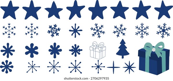 Conjunto de Navidades y Elementos de año Nuevo: estrellas, copos de nieve, regalos, iconos de vacaciones de invierno, símbolos de decoración festiva