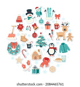 Christmas and New Year elements stickers set in circle shape. Hand drawn vector illustration