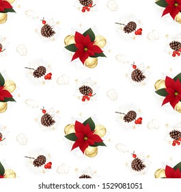 Christmas and New Year elements in a stylish pattern - poinsettia, cones, bells, red berries, snowflakes. On white background. Seamless.