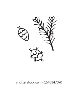 Christmas and New Year elements tree, branch, cones, sock. Line art, doodle stile hand drawn stock vector. Use for invitation and greeting cards, posters, stickers.Isolated on white background