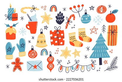 Christmas and New Year elements with Christmas tree, presents, candles, garland, sweets and toys, hot chocolate, cake and clementine. Hand drawn doodle style.