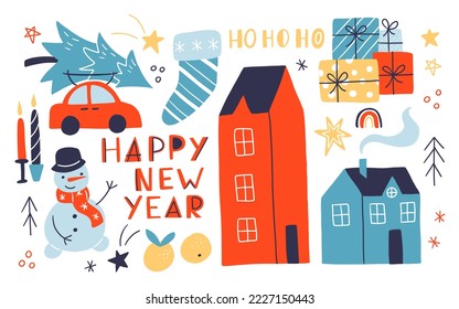 Christmas and New Year elements with Christmas tree, car, lovely houses, snowman, presents and candles, clementine. Hand drawn doodle style.