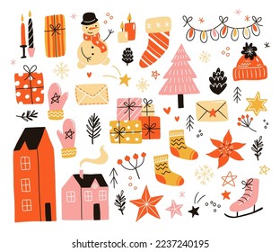 Christmas and New Year elements with Christmas tree, presents, candles, garland, sweets and toys, hot chocolate, cake and clementine. Hand drawn doodle style.