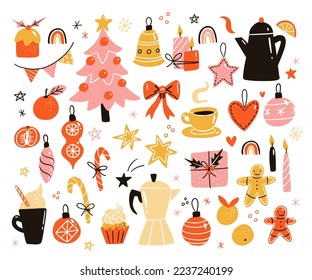 Christmas and New Year elements with Christmas tree, presents, candles, garland, sweets and toys, hot chocolate, cake and clementine. Hand drawn doodle style.