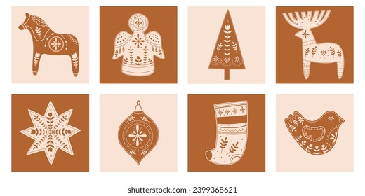 Christmas and New Year elements with Christmas tree, sock, bird, star and other toys.. Hand drawn doodle style.Vector