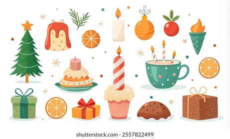 Christmas and New Year elements with Christmas tree, presents, candles, garland, sweets and toys, hot chocolate, cake and clementine. illustration vector. isolated on a white background