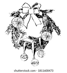 Christmas and  New Year elements. Wreath with eco decoration dried oranges slice and cinnamon chalk drawn black and white. 