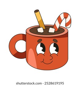 Christmas or new year emoji cup with hot chocolate. Vector emoji with smiling face and candystick. Winter holiday beverage in pop art style. Smiley with cocoa drink and zephyr. NY, merry Xmas element.