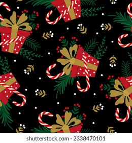 Christmas and New Year endless background. A festive bouquet on a black background. A caramel cane, a gift, branches and berries. Seamless repeat pattern. Vector design for textiles, packaging, paper.