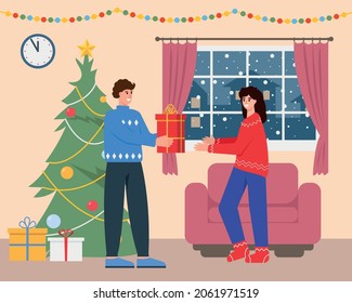Christmas and New Year Eve. Young smilling man giving a gift to happy woman near Christmas tree at home. Flat vector illustration.