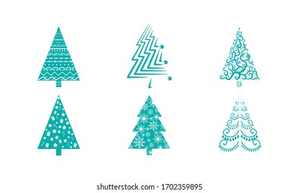 Christmas and New year evergreen trees with festive holiday patterns