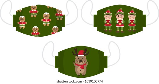 Christmas, New Year face mask design. Textile pattern. Mouth, nose protection. Editable set in green, red colors. Vector illustration in flat style isolated on white background. New normal collection
