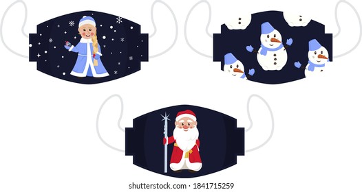 Christmas, New Year face mask design. Textile pattern. Mouth, nose protection. Editable set in blue, red colors. Vector illustration in flat style isolated on white background. New normal collection