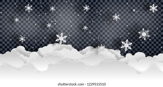 Christmas and new year. Falling snow vector isolated on transparent background. Christmas and new year pattern with snowflakes and clouds. Paper clouds and snowflakes.