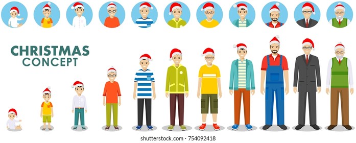 Christmas and New Year family concept. People generations at different ages in the Santa Claus hat. Man aging: baby, child, teenager, young, adult, old people. Different characters avatars icons set.