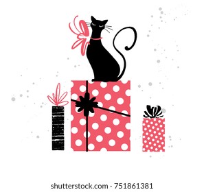 Christmas and New year fashion illustration of cat with gift boxes, vector. Hand drawn design concept for invitation, greeting card, poster, flyer for Winter Holiday season. Trendy modern style.
