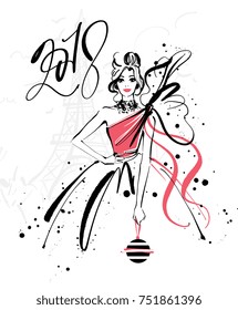 Christmas and New year fashion illustration of woman in evening dress, vector. Hand drawn design concept for invitation, greeting card, poster, flyer for Winter Holiday season. Trendy modern style.