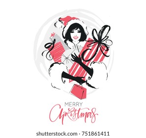 Christmas and New year fashion illustration of woman in santa's hat with gifts, smiling, vector. Hand drawn design concept for invitation, greeting card, poster, flyer for Winter Holiday season. 