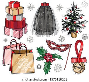 Christmas and new year fashion vector set. Holidays illustration with gift boxes and Christmas tree plant, mask, shopping bags and party skirt. Sketch style.