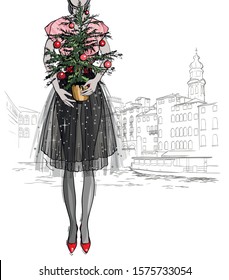 Christmas and new year fashion vector card. Fashion Holidays illustration with Christmas tree.Sketch style.